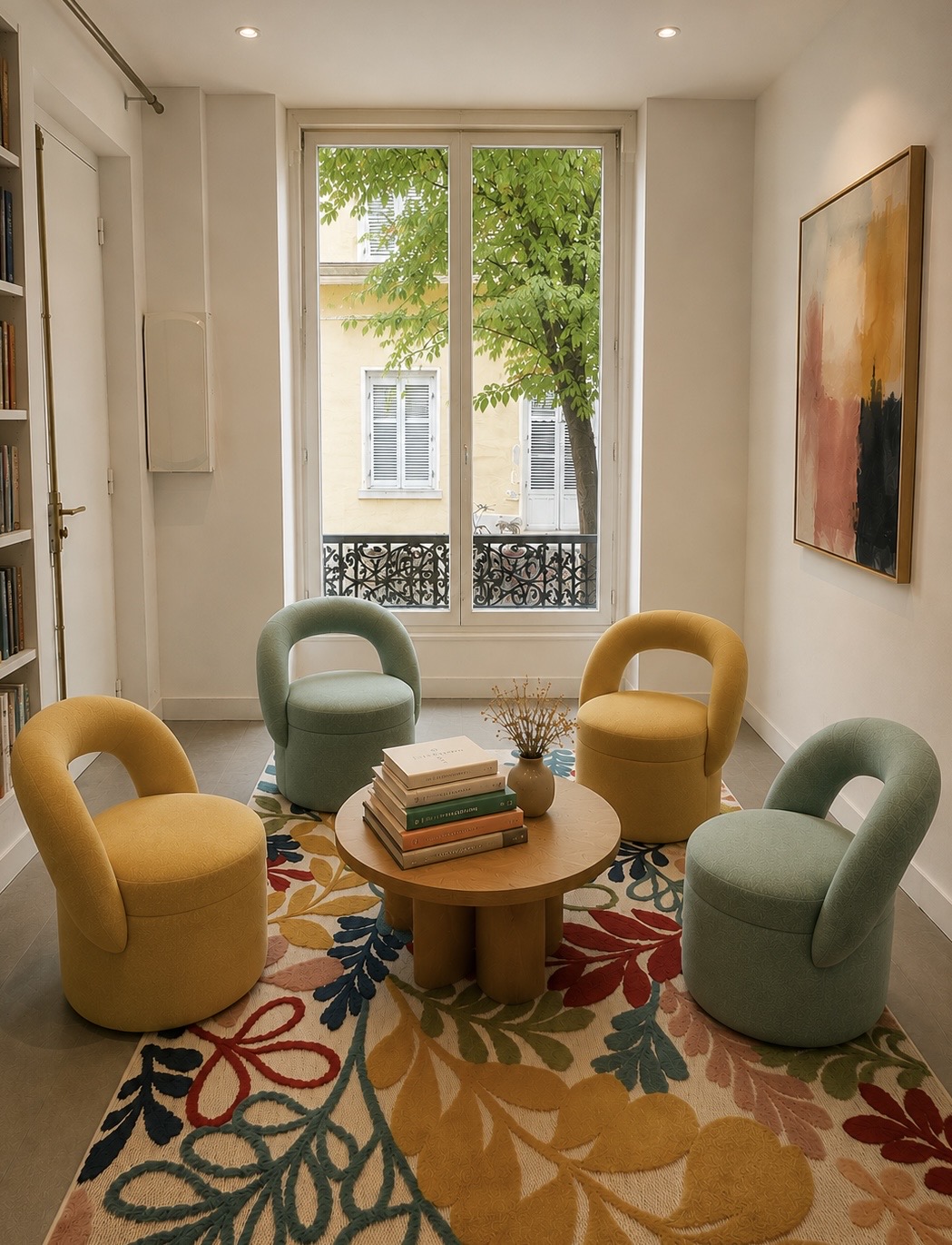 Le cabinet d’Anna Canter, avec ses fauteuils colorés et sa bibliothèque